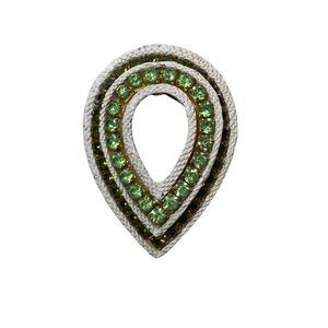 Vintage Painted Metal Teardrop Brooch Green Rhinestones Unsigned